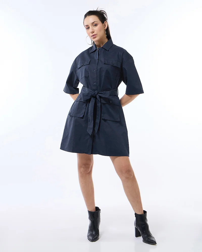 bewakoof Women's Blue Oversized Shirt Dress